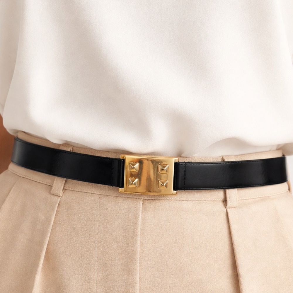 Etcetera Black Leather Belt Gold Stud Buckle Classic Chic
